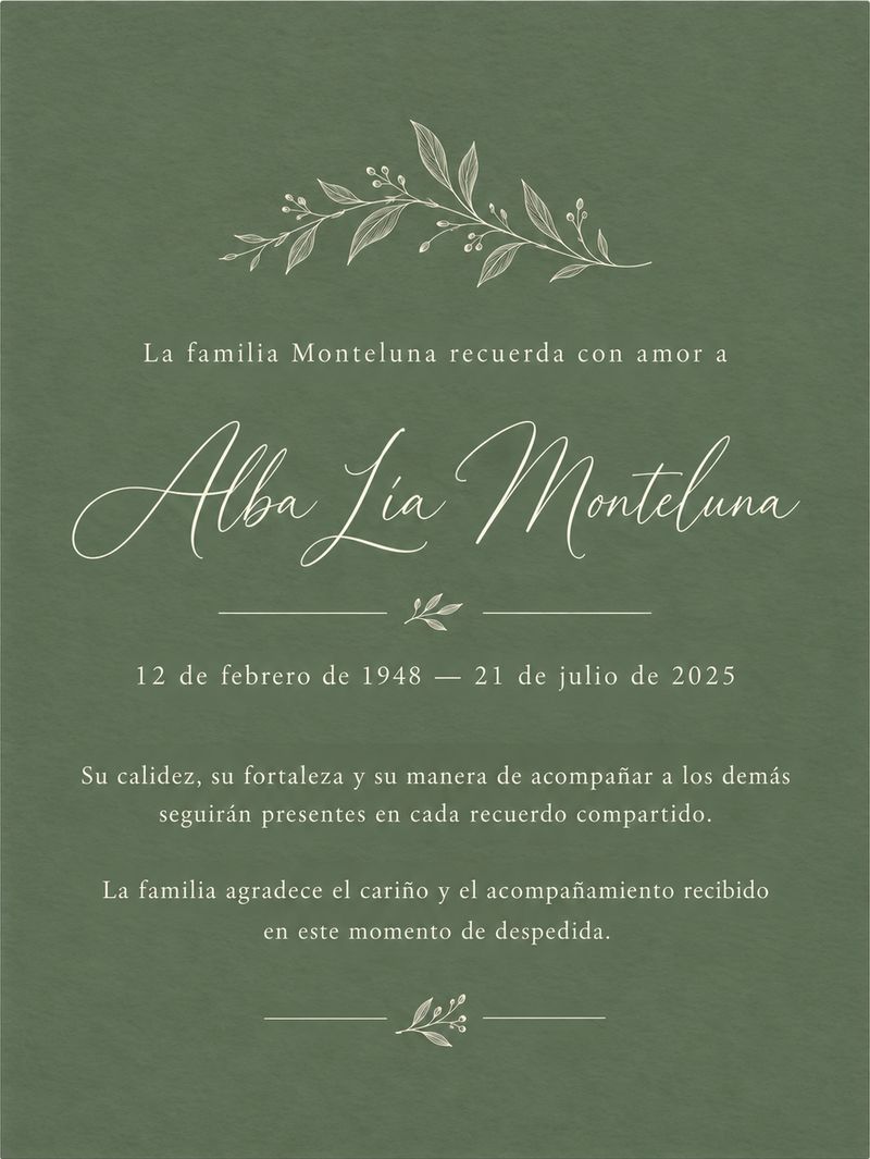 Ejemplo de memorial creado con GEFU: nombre de la persona, fechas y unas palabras de la familia